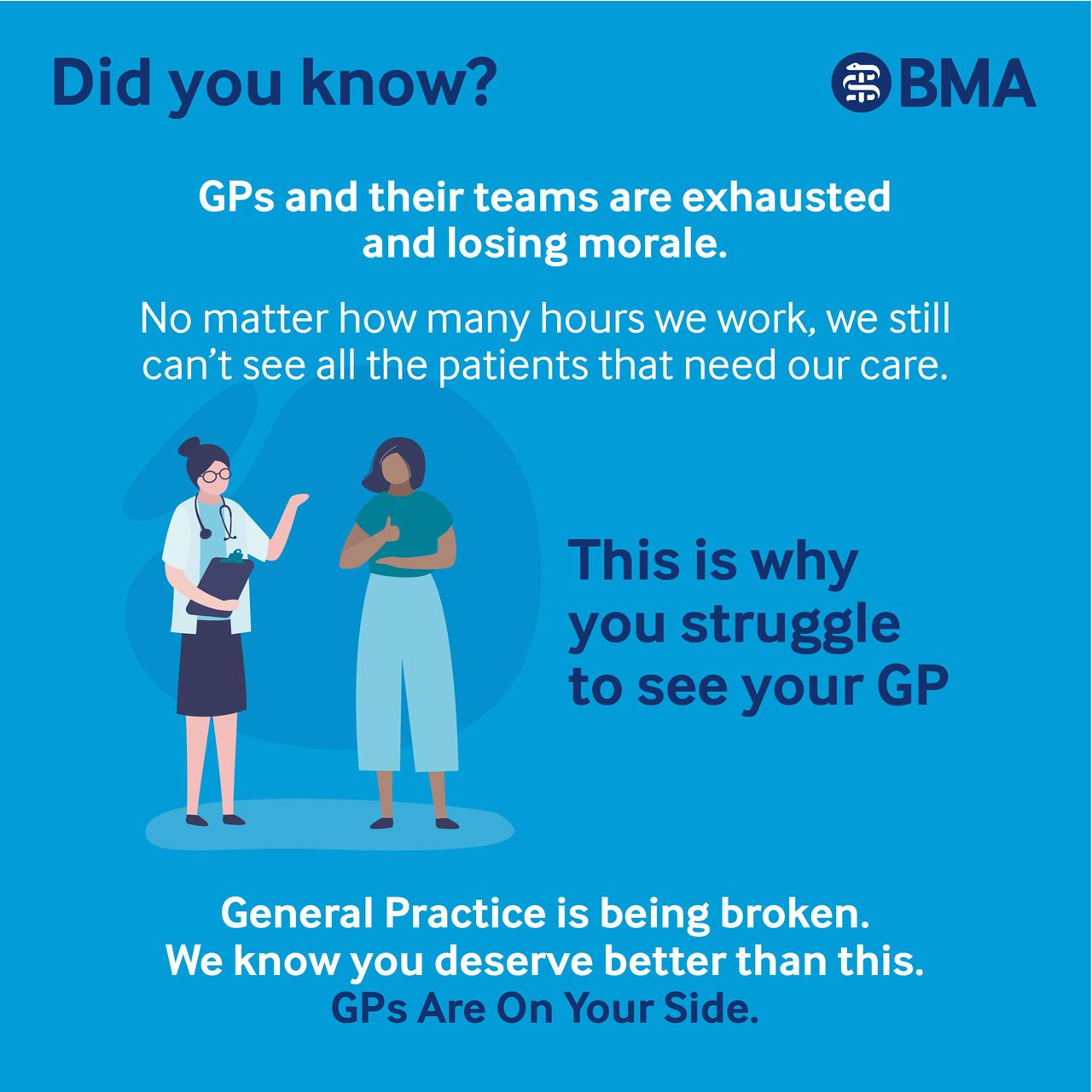 Did you know? GPS and their teams are exhausted and losing morale. No matter how many hours we work, we still can't see all the patients that need our care. This is why you struggle to see your GP. General Practice i being broken. We know you deserver better than this. GPs Are ON Your Side