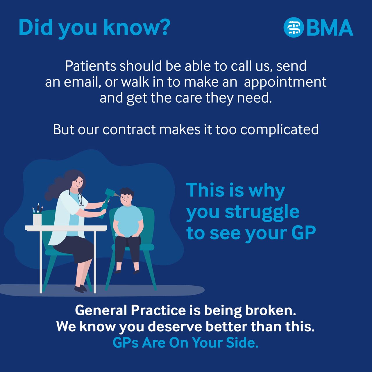 Did you know? Patients should be able to call us, send an email, or walk in to make an appointment and get the care they need. But our contract makes it too complicated. This is why you struggle to see your GP. General Practice is being broken. We know you deserve better than this. GPs Are On Your Side.